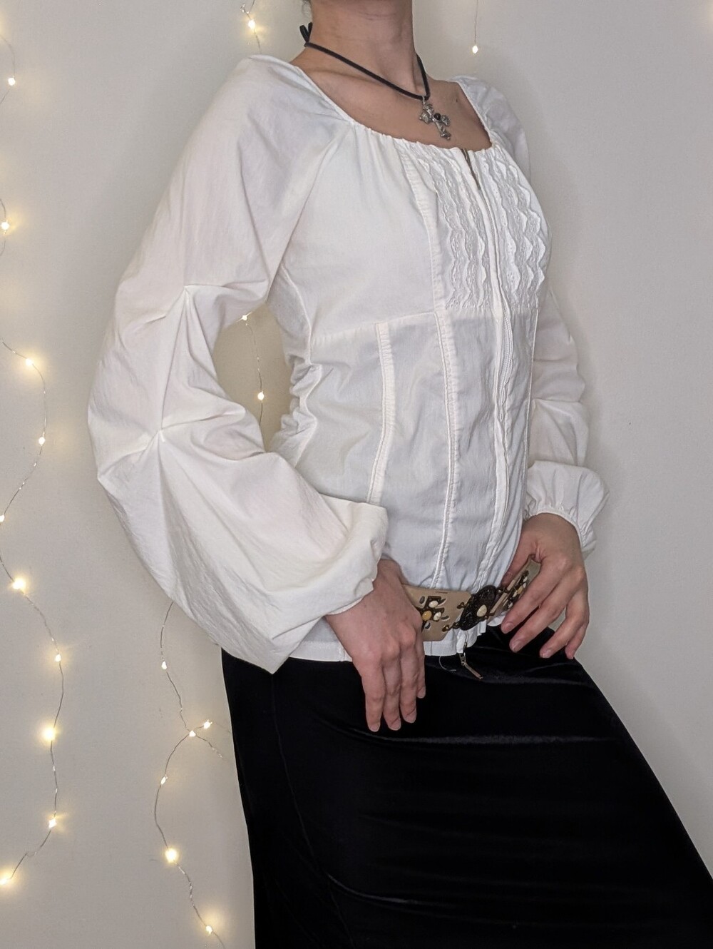 White Square-Neck Peasant Blouse with Pintuck Details